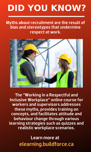 Myths about recruitment are the result of bias and stereotypes that undermine respect at work. The “Working in a Respectful and Inclusive Workplace” online course for workers and supervisors addresses these myths, provides training on concepts, and facilitates attitude and behaviour change through various learning strategies such as quizzes and realistic workplace scenarios. Learn more at elearning.dev-bf-hub.pantheonsite.io