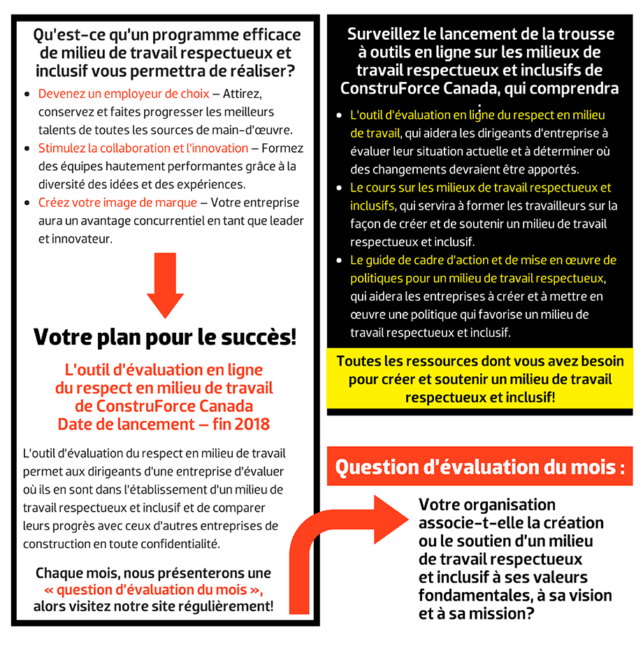 Qu’est-ce qu’un programme efficace  de milieu de travail respectueux et inclusif vous permettra de réaliser? Devenez un employeur de choix – Attirez, conservez et faites progresser les meilleurs talents de toutes les sources de main-d’œuvre. Stimulez la collaboration et l’innovation – Formez des équipes hautement performantes grâce à la diversité des idées et des expériences. Créez votre image de marque – Votre entreprise aura un avantage concurrentiel en tant que leader et innovateur. L’outil d’évaluation en ligne  du respect en milieu de travail  de ConstruForce Canada Date de lancement – fin 2018. L’outil d’évaluation du respect en milieu de travail permet aux dirigeants d’une entreprise d’évaluer où ils en sont dans l’établissement d’un milieu de travail respectueux et inclusif et de comparer leurs progrès avec ceux d’autres entreprises de construction en toute confidentialité. Chaque mois, nous présenterons une  « question d’évaluation du mois », alors visitez notre site régulièrement! Question d’évaluation du mois : Votre organisation associe-t-elle la création ou le soutien d’un milieu de travail respectueux et inclusif à ses valeurs fondamentales, à sa vision et à sa mission? Surveillez le lancement de la trousse à outils en ligne sur les milieux de travail respectueux et inclusifs de ConstruForce Canada, qui comprendra L’outil d’évaluation en ligne du respect en milieu de travail, qui aidera les dirigeants d’entreprise à évaluer leur situation actuelle et à déterminer où des changements devraient être apportés. Le cours sur les milieux de travail respectueux et inclusifs, qui servira à former les travailleurs sur la façon de créer et de soutenir un milieu de travail respectueux et inclusif. Le guide de cadre d’action et de mise en œuvre de politiques pour un milieu de travail respectueux, qui aidera les entreprises à créer et à mettre en œuvre une politique qui favorise un milieu de travail respectueux et inclusif. Toutes les ressources dont vous avez besoin pour créer et soutenir un milieu de travail respectueux et inclusif!