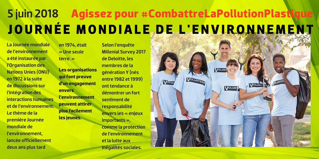 Cadre d’action pour les politiques de respect en milieu Journée mondiale de l’environnement - 5 juin 2018 - Agissez pour #CombattreLaPollutionPlastique --- La Journée mondiale de l’environnement a été instaurée par l’Organisation des Nations Unies (ONU) en 1972 à la suite de discussions sur l’intégration des interactions humaines et de l’environnement. Le thème de la première Journée mondiale de l’environnement, lancée officiellement deux ans plus tard en 1974, était « Une seule terre. » --- Les organisations qui font preuve d’un engagement envers l’environnement peuvent attirer plus facilement les jeunes. --- Selon l’enquête Millenial Survey 2017 de Deloitte, les membres de la génération Y (nés entre 1982 et 1999) ont tendance à démontrer un fort sentiment de responsabilité envers les « enjeux importants », comme la protection de l’environnement et la lutte aux inégalités sociales.