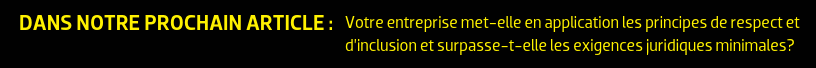 DANS NOTRE PROCHAIN ARTICLE : Votre entreprise met-elle en application les principes de respect et d’inclusion et surpasse-t-elle les exigences juridiques minimales?