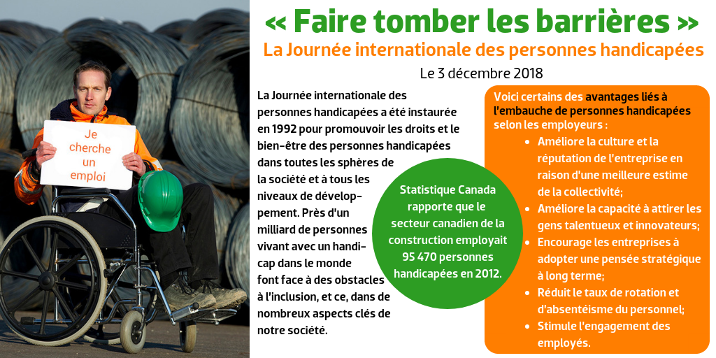 « Faire tomber les barrières », La Journée internationale des personnes handicapées, Le 3 décembre 2018 --- La Journée internationale des personnes handicapées a été instaurée en 1992 pour promouvoir les droits et le bien-être des personnes handicapées dans toutes les sphères de la société et à tous les niveaux de développement. Près d’un milliard de personnes vivant avec un handicap dans le monde font face à des obstacles à l’inclusion, et ce, dans de nombreux aspects clés de notre société. --- Statistique Canada rapporte que le secteur canadien de la construction employait 95 470 personnes handicapées en 2012. --- Voici certains des avantages liés à l’embauche de personnes handicapées selon les employeurs : Améliore la culture et la réputation de l’entreprise en raison d’une meilleure estime de la collectivité; Améliore la capacité à attirer les gens talentueux et innovateurs; Encourage les entreprises à adopter une pensée stratégique à long terme; Réduit le taux de rotation et d’absentéisme du personnel; Stimule l’engagement des employés.