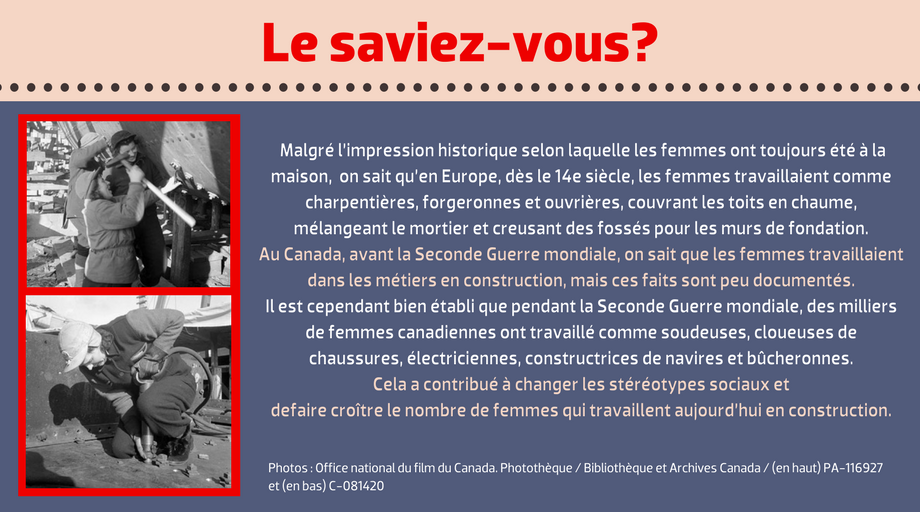 Pendant la Seconde Guerre mondiale, des milliers  de femmes canadiennes ont travaillé comme soudeuses, cloueuses de chaussures,  électriciennes, constructrices de navires et bûcheronnes.